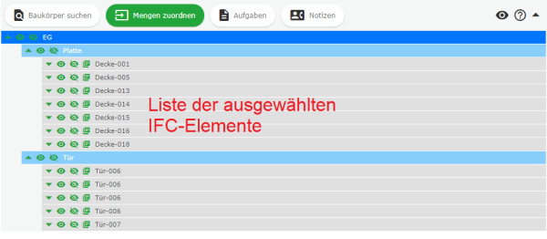 Liste ausgewählten IFC Elemente mit Zugang zu den Attributen