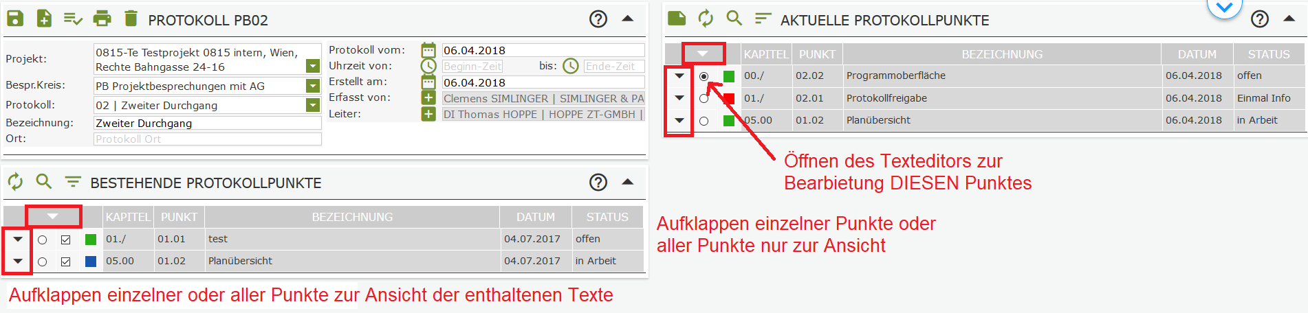 Liste der Protokollpunkte in Kurzfassung